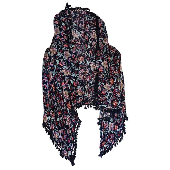 Est 1946 Womens Navy Tasseled Floral Print Shawl Vest 1X/2X - Picture 1 of 5